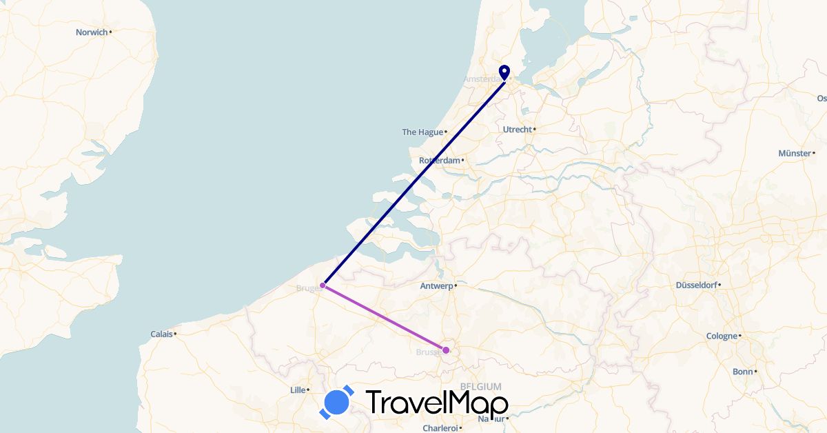 TravelMap itinerary: driving, train in Belgium, Netherlands (Europe)